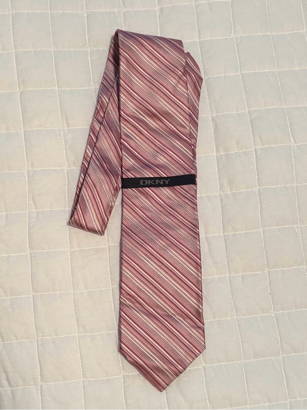 DKNY Men's Silk Tie NWT Pink Red Burgundy Diagonal Multi-Stripe Necktie New
